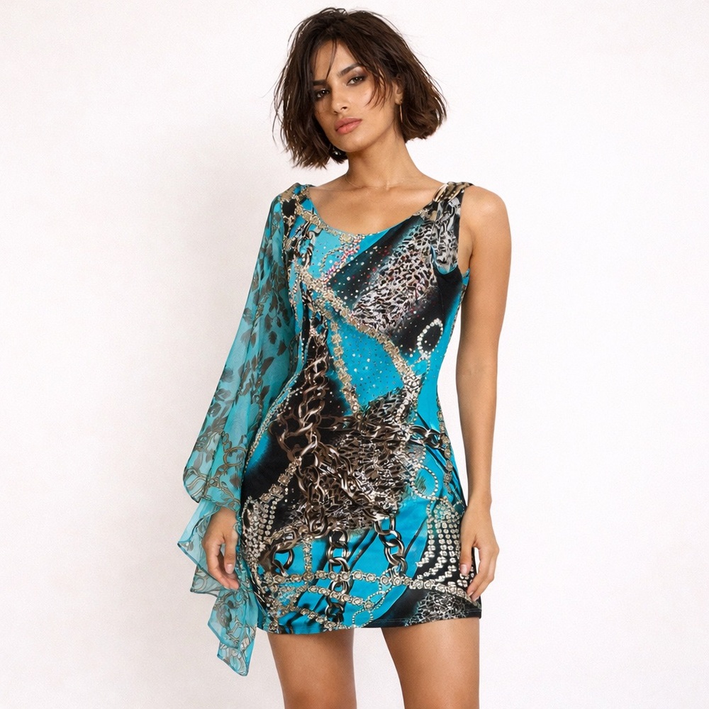 Y2K Oh My Julian Rhinestone Mixed Print Asym Dress Open Back Jewel Chain Sz M